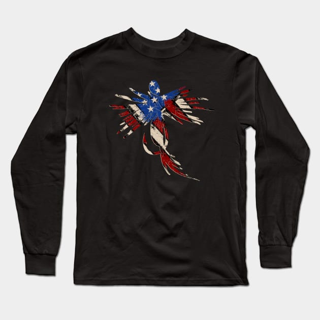 Vintage Red White and Blue American Flag Distressed Fly Fishing Long Sleeve T-Shirt by TeeCreations